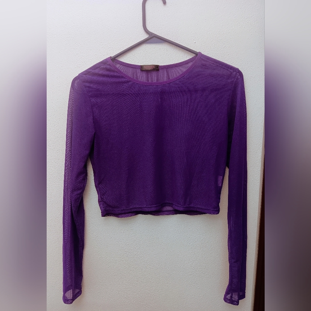 Purple Long Sleeve Mesh Crop Top